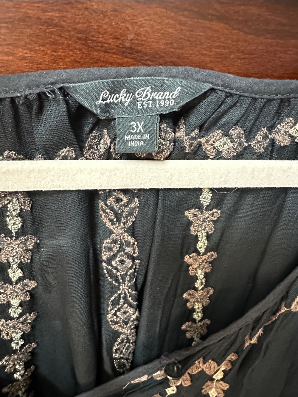 Lucky Brand Black Boho Peasant Blouse with Beige Embroidery - Picture 2 of 4